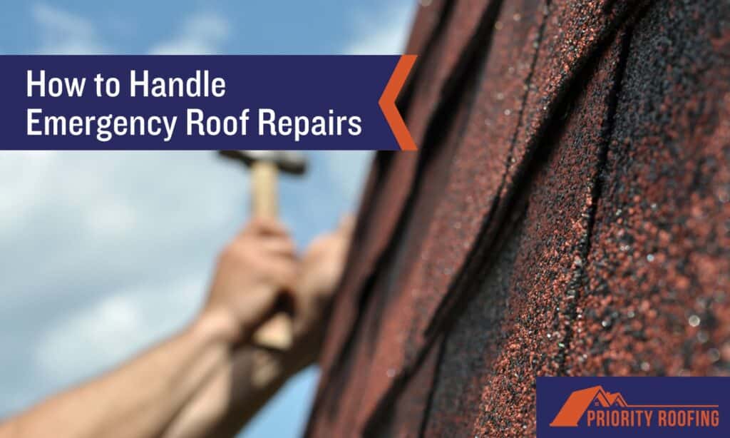 Close-up of red asphalt shingles with a blurred hand holding a hammer in the background. Text overlay reads 'How to Handle Emergency Roof Repairs' with the Priority Roofing logo in the bottom right corner.