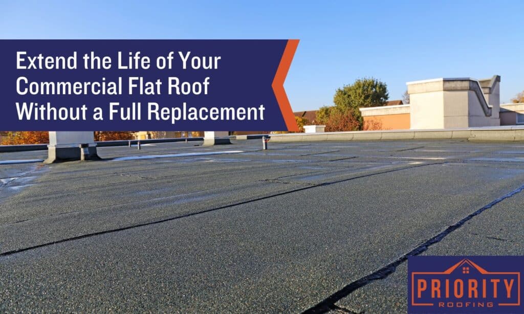 Flat commercial roof under clear sky with text overlay reading “Extend the Life of Your Commercial Flat Roof Without a Full Replacement” and Priority Roofing logo.