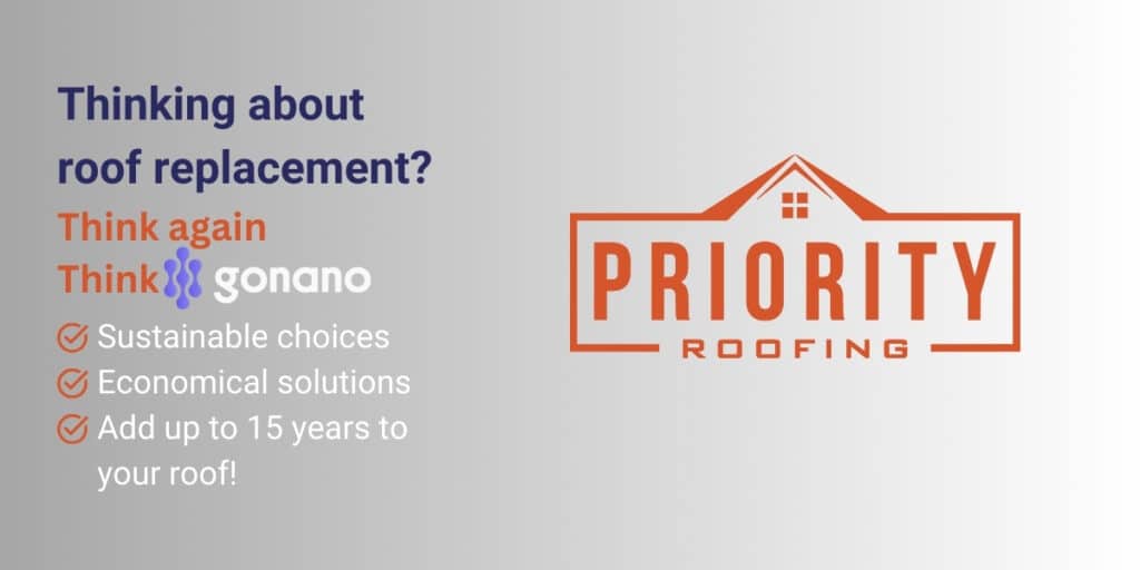 Flat commercial roof with Priority Roofing and GoNano branding promoting sustainable, economical alternatives to roof replacement using roof coatings.