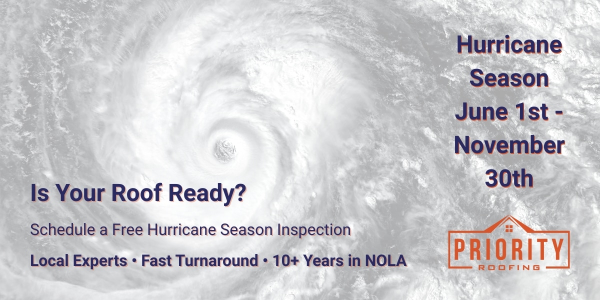 Satellite image of a hurricane with overlay text reading “Is Your Roof Ready?” and “Hurricane Season June 1st – November 30th,” promoting free inspections from Priority Roofing in New Orleans.
