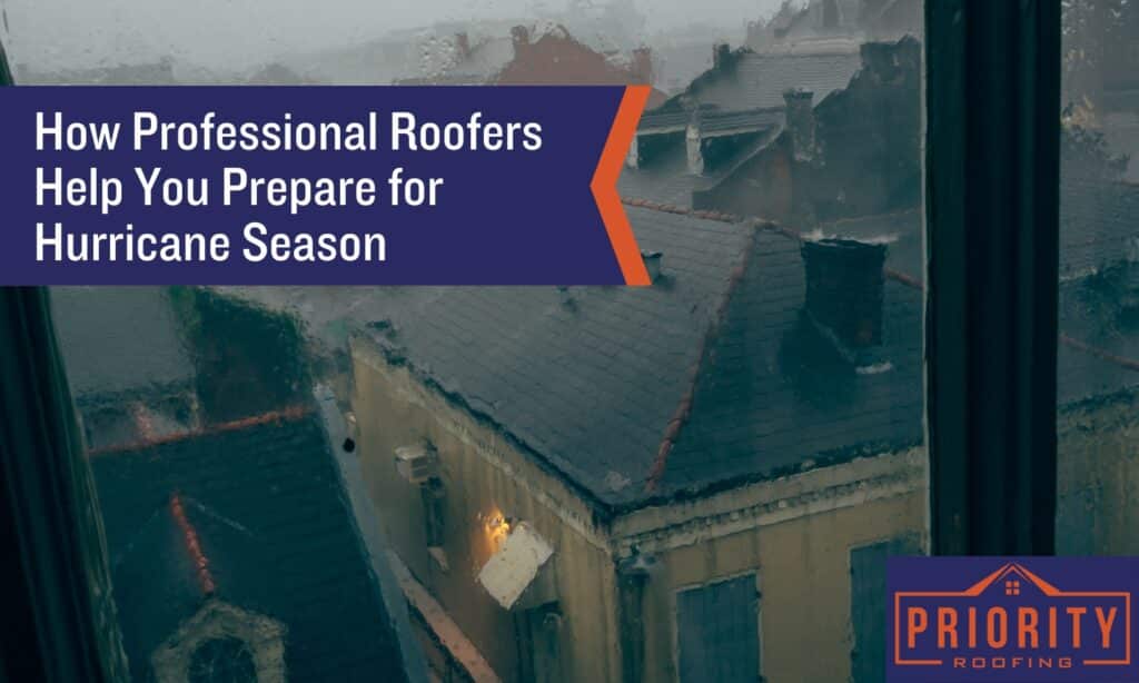 A rainy view through a window showing rooftops in New Orleans during a storm, with text overlay reading "How Professional Roofers Help You Prepare for Hurricane Season" and Priority Roofing logo in the corner.