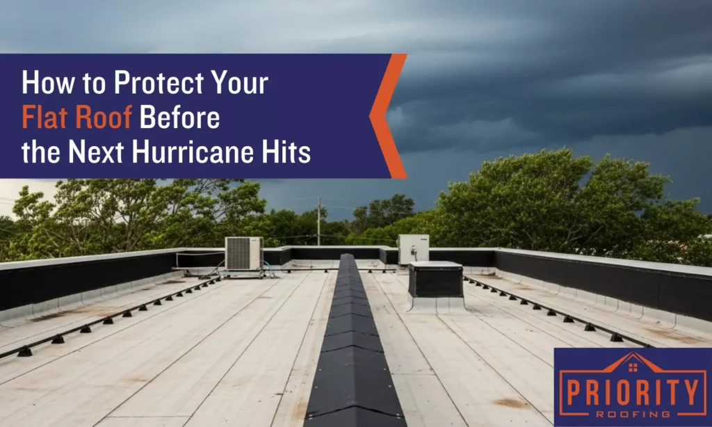 Flat commercial roof with HVAC units under stormy skies, surrounded by trees, with text overlay reading “How to Protect Your Flat Roof Before the Next Hurricane Hits” and Priority Roofing logo in the corner.