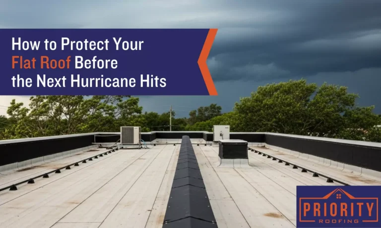 Flat commercial roof with HVAC units under stormy skies, surrounded by trees, with text overlay reading “How to Protect Your Flat Roof Before the Next Hurricane Hits” and Priority Roofing logo in the corner.