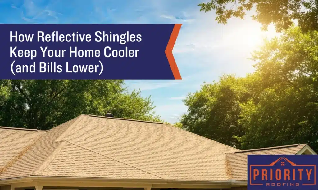 "A tan-colored reflective shingle roof on a suburban home surrounded by trees, under a bright sunny sky in New Orleans. Text overlay reads: 'How Reflective Shingles Keep Your Home Cooler (and Bills Lower).' Priority Roofing logo in the corner.
