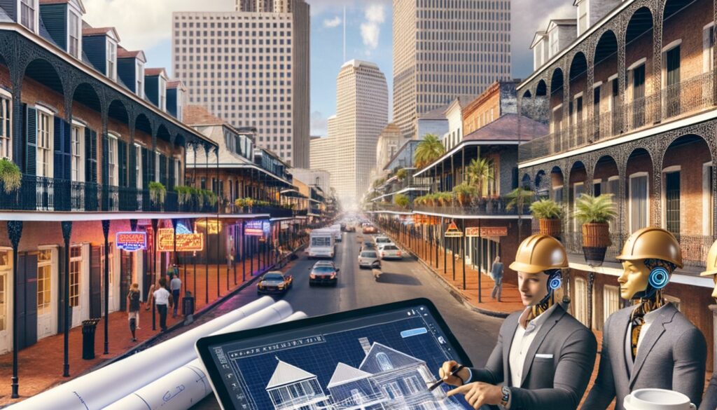 Professional Roofing featured image visually representing "From Bourbon Street to Blueprints: How Smart Tech & AI Are Reshaping New Orleans Roofing" through symbolic imagery and modern design elements, no text overlay