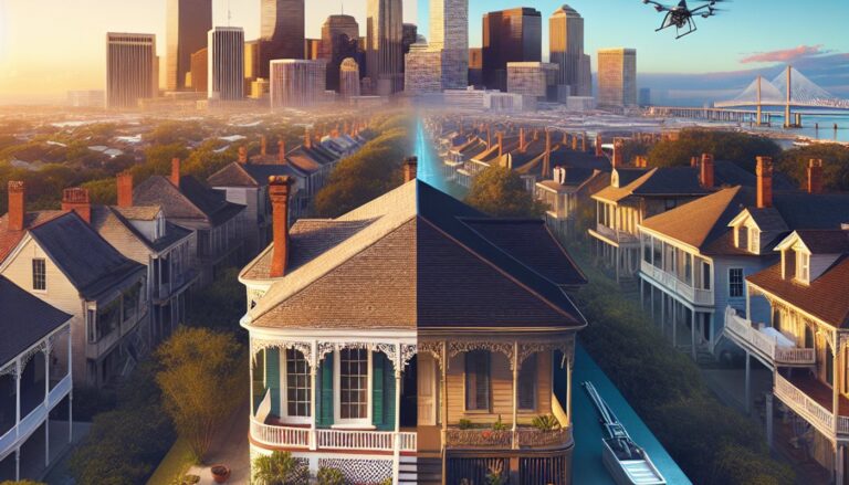 Professional Roofing featured image visually representing "Preserving Tradition, Embracing Innovation: AI's Revolution in New Orleans Roofing" through symbolic imagery and modern design elements, no text overlay