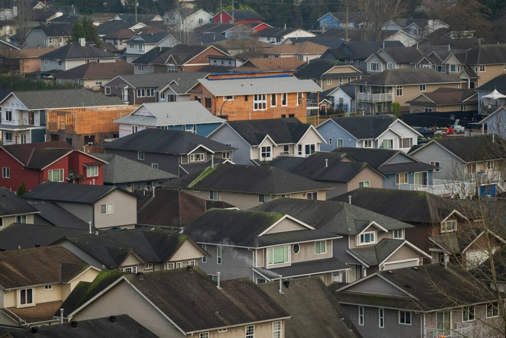 Residential street in the Gulf South after a hurricane, with blue tarps covering damaged roofs under a clearing sky, showi...