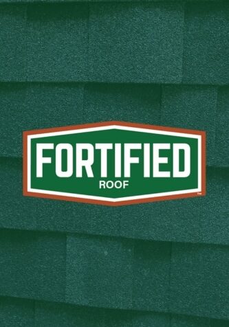 FORTIFIED Roof program logo over asphalt shingles background